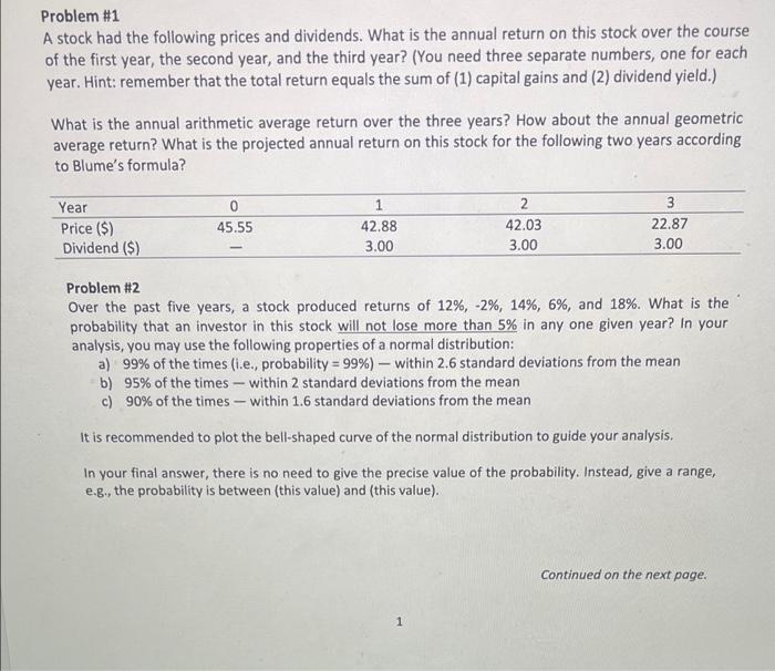 Solved Problem #1 A Stock Had The Following Prices And | Chegg.com