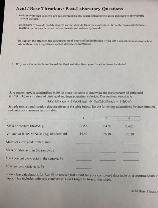 Solved Acid / Base Titrations PreLaboratory Assignment 1.