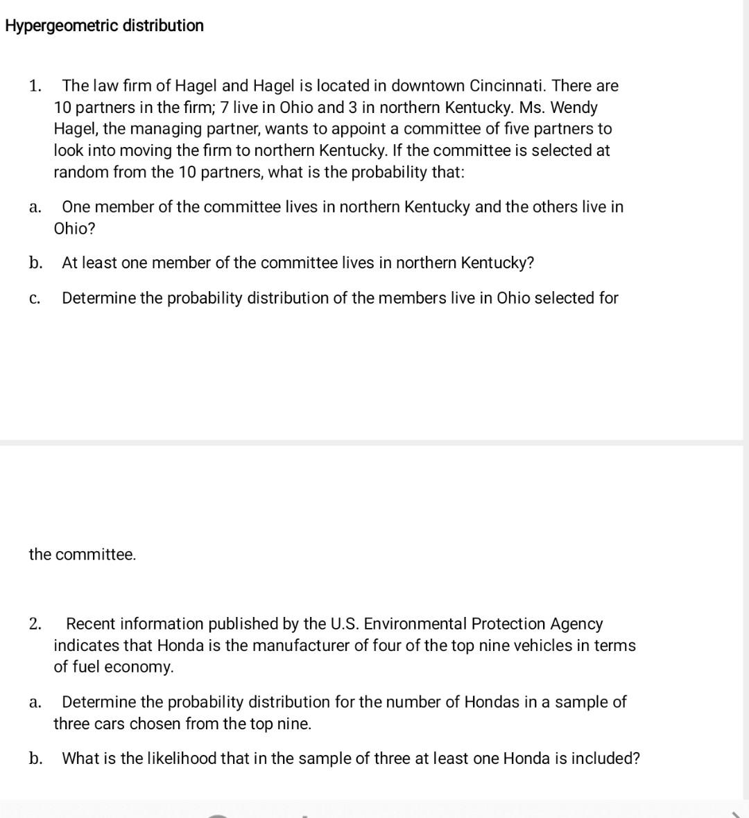 Solved Hypergeometric distribution 1. The law firm of Hagel