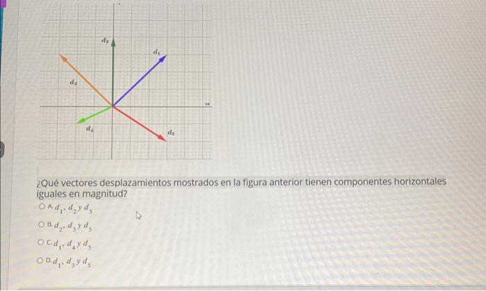 ¿Qué vectores desplazamientos mostrados en la figura anterior tienen componentes horizontales iguales en magnitud? \[ \begin{