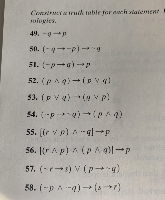 Solved Construct A Truth Table For Each Statement 1 Chegg Com