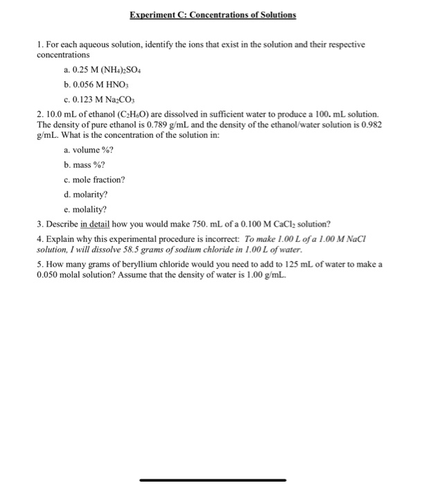 Solved Experiment C: Concentrations of Solutions 1. For each | Chegg.com