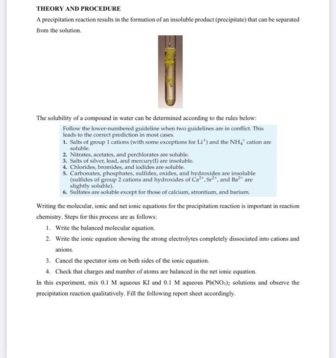 Solved THEORY AND PROCEDURE A precipitation reaction results | Chegg.com