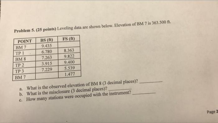 Solved Problem 5. (25 points) Leveling data are shown below. | Chegg.com