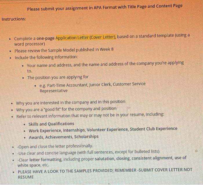Solved Instructions: . Complete a One Page Application | Chegg.com
