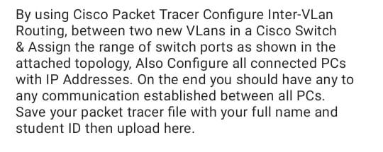 By using Cisco Packet Tracer Configure Inter-VLan Routing, between two new VLans in a Cisco Switch \( \& \) Assign the range