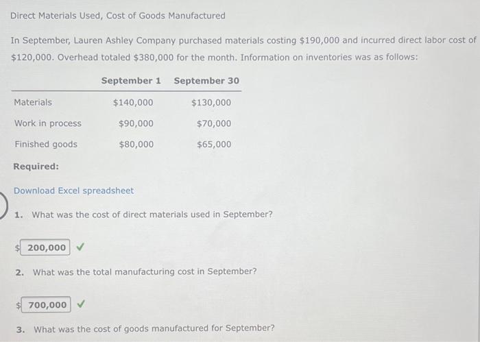 Solved Direct Materials Used, Cost of Goods Manufactured In 