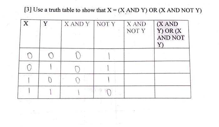 Solved [3] Use a truth table to show that X=(X AND Y) OR (X | Chegg.com