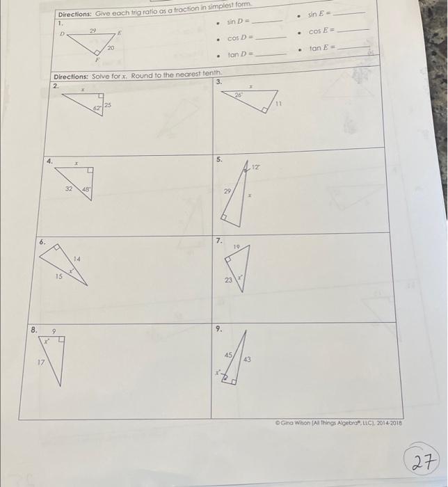 Solved TRIGONOMETRY Review! Trigonometric Ratios. Find each | Chegg.com