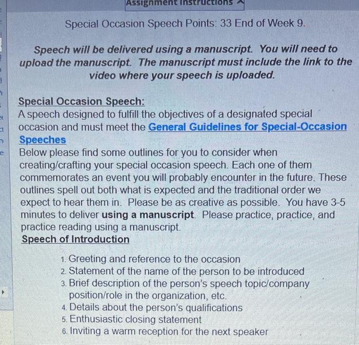 Solved Assignment Special Occasion Speech Points 33 End of