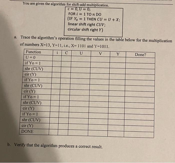 Solved You are given the algorithm for shift-add | Chegg.com