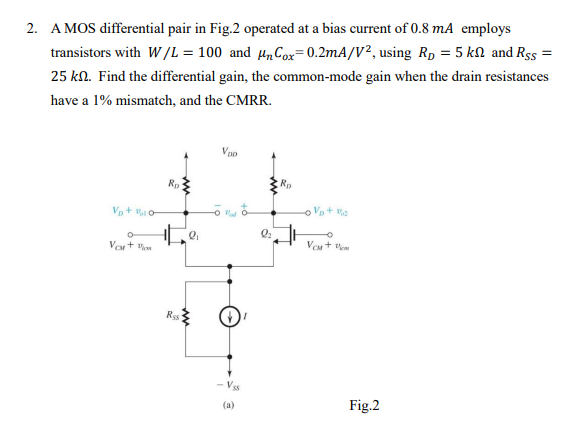 Solved A MOS differential pair in Fig. 2 ﻿operated at a bias | Chegg.com