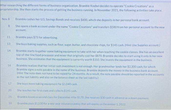 After researching the different forms of business organization. Bramble Koebel decides to operate Cookie Creations as a bro