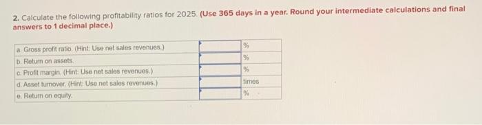 2. Calculate the following profitability ratios for 2025. (Use 365 days in a year. Round your intermediate calculations and f