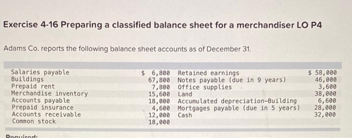 Solved Exercise 4-16 Preparing a classified balance sheet | Chegg.com