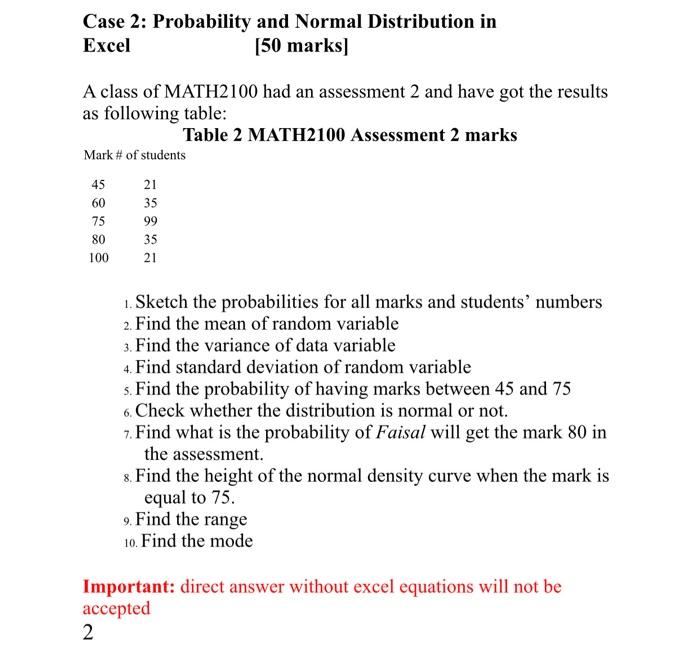 Solved Case 2: Probability and Normal Distribution in Excel | Chegg.com