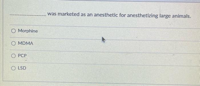 was marketed as an anesthetic for anesthetizing large animals.
Morphine
MDMA
PCP
LSD