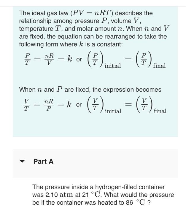 Solved The Ideal Gas Law Pv Nrt Describes The Relationship