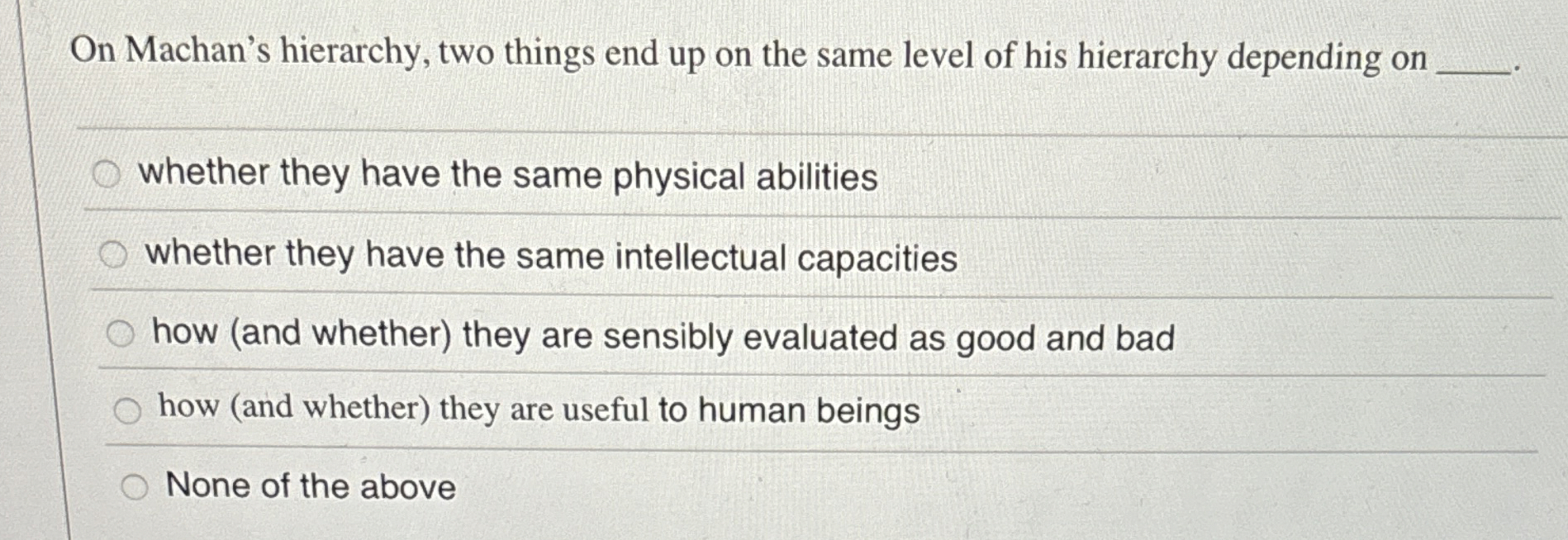 Solved On Machan's hierarchy, two things end up on the same | Chegg.com