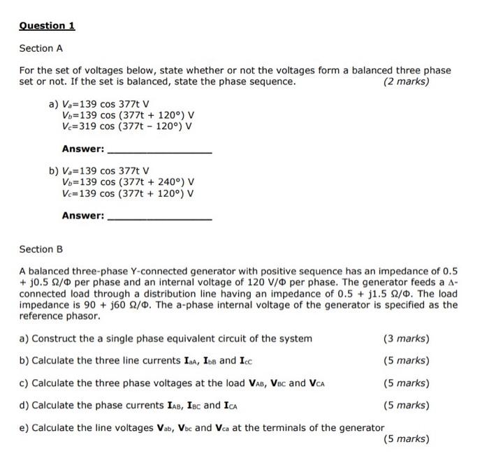 Solved Question 1 Section A For the set of voltages below, | Chegg.com