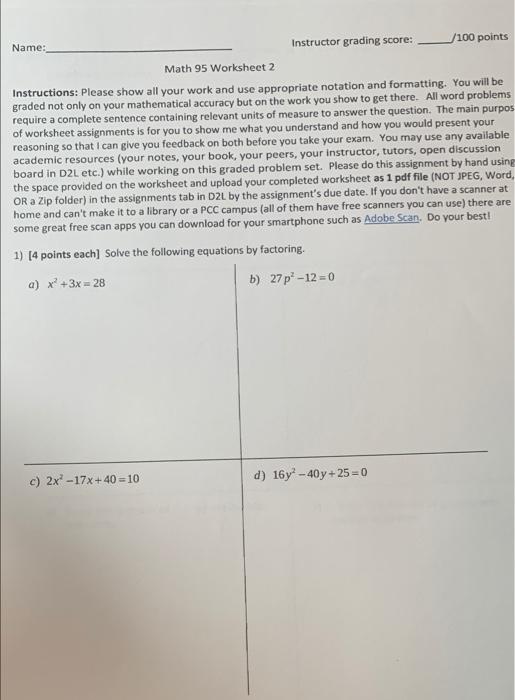 Solved Name: Instructor grading score: /100 points Math 95 | Chegg.com