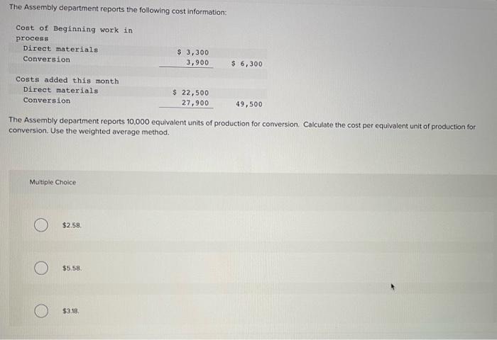 Solved The Assembly department reports the following cost | Chegg.com