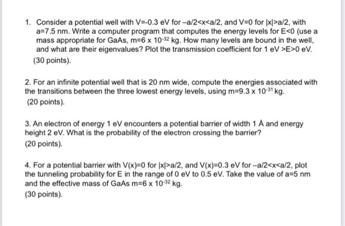 1. Consider a potential well with V=−0.3eV for | Chegg.com