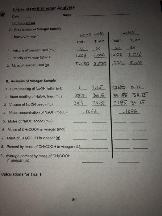Solved Experiment 6 Vinegar Analysis Objective To determine