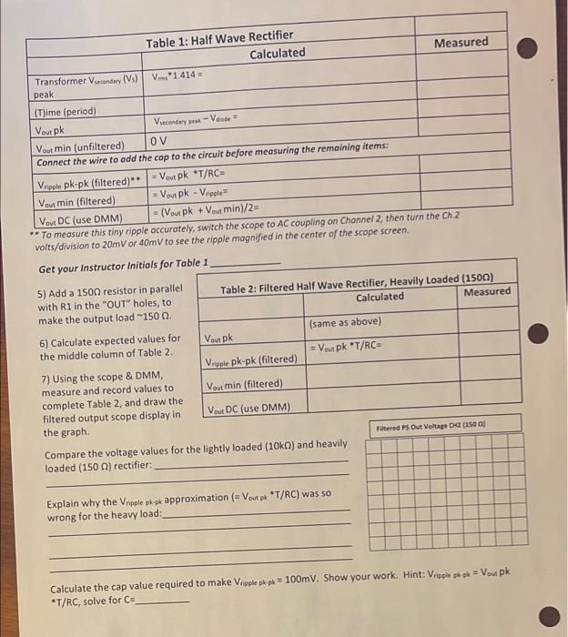 Solved Halfwave Rectifier and Filter Cap Values Objectives