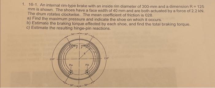 Solved 1. 16-1. An internal rim-type brake with an inside | Chegg.com