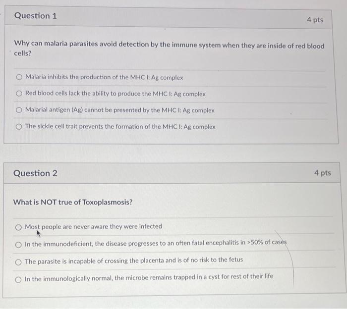 Solved Question 1 4 Pts Why Can Malaria Parasites Avoid | Chegg.com