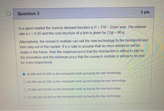 Solved Question 4 5 pts In a given market the inverse demand | Chegg.com