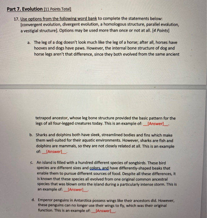 Solved Part 7. Evolution (11 Points Total] 17. Use options | Chegg.com
