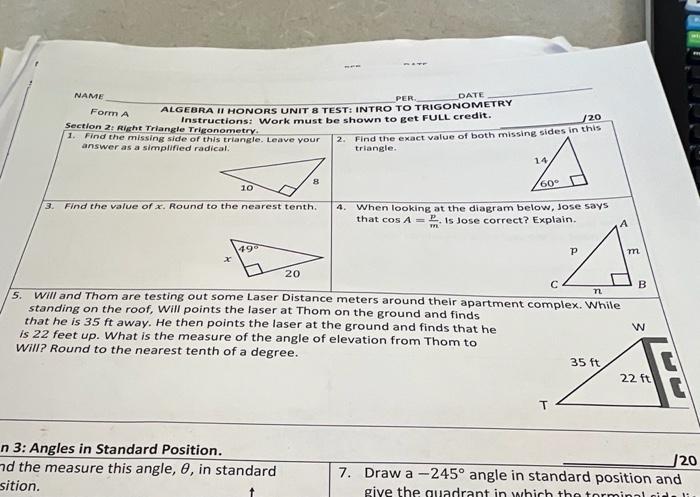 Solved NAME Form A Section 2: Right Triangle Trigonometry. | Chegg.com