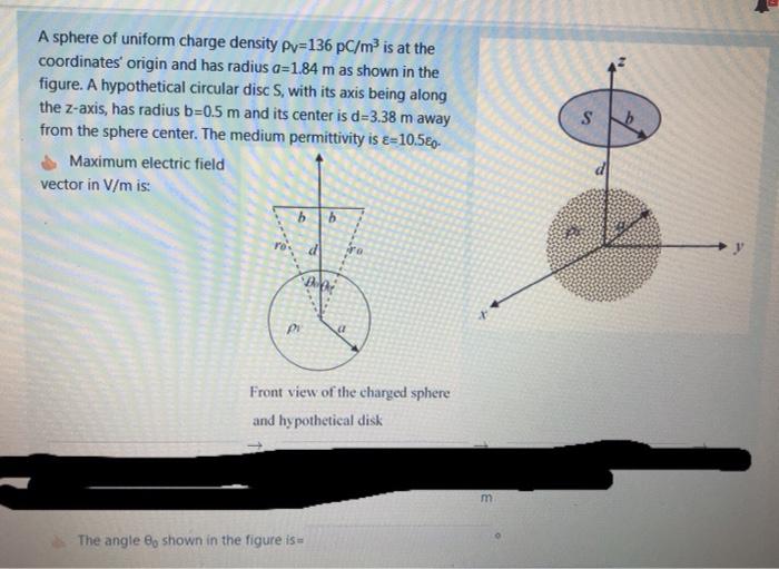 Solved A sphere of uniform charge density Pv=136 PC/m2 is at | Chegg.com