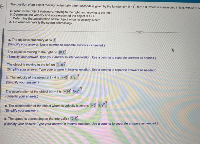 The position of an object moving horizontally ahtor t | Chegg.com