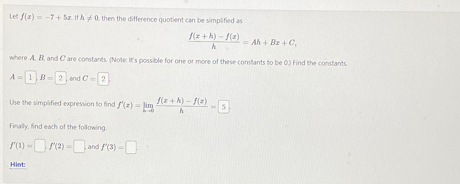 Solved Let F X 7 5x ﻿if H≠0 ﻿then The Difference