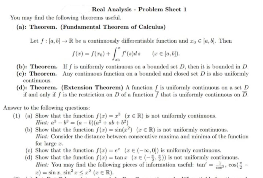 Solved Real Analysis - Problem Sheet 1 You May Find The | Chegg.com