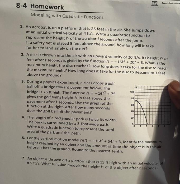 Solved 84 Homework Modeling with Quadratic Functions 1. An