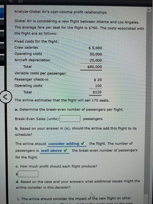 Solved Analyze Global Air s Cost volume profit Relationships Chegg