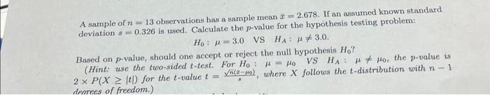 Solved A sample of n=13 observations has a sample mean | Chegg.com