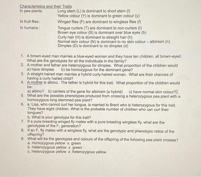 Solved Characteristics And Their Traits In Pea Plants Long Chegg Com