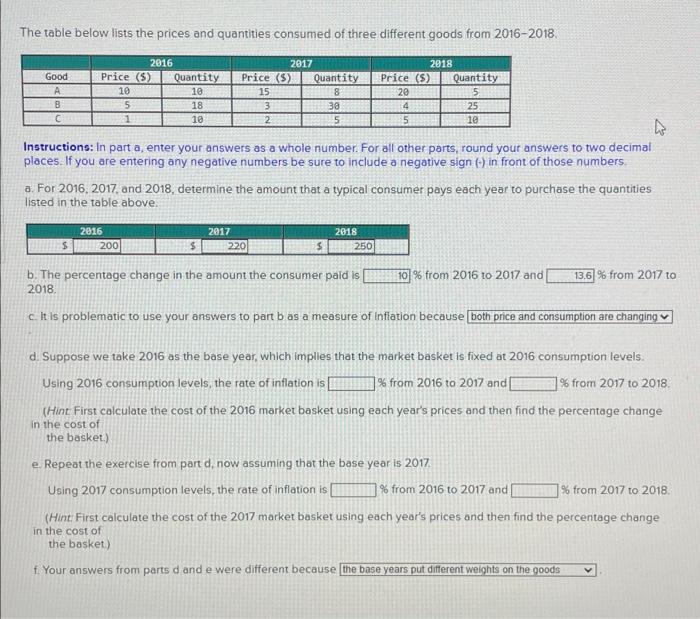 The table below lists the prices and quantities consumed of three different goods from \( 2016-2018 . \)
Instructions: In par