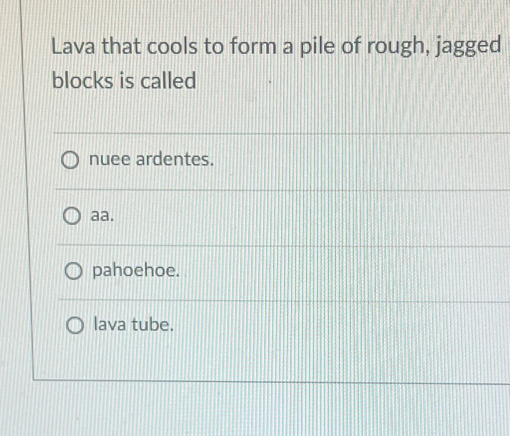 Solved Lava that cools to form a pile of rough, jagged | Chegg.com