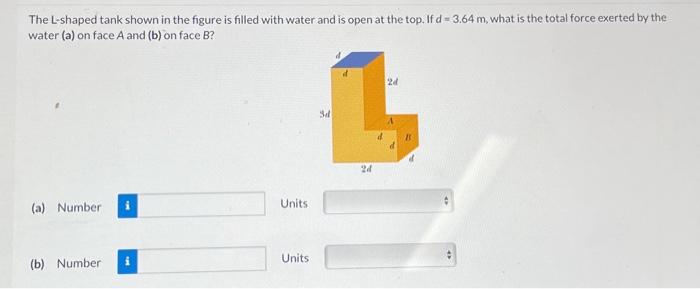 The L-shaped tank shown in the figure is filled with water and is open at the top. If \( d=3.64 \mathrm{~m} \), what is the t