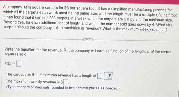 Solved A company sells square carpets for $6 per square | Chegg.com