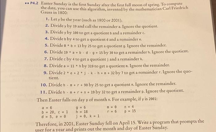 Solved P4.2 Easter Sunday is the first Sunday after the | Chegg.com