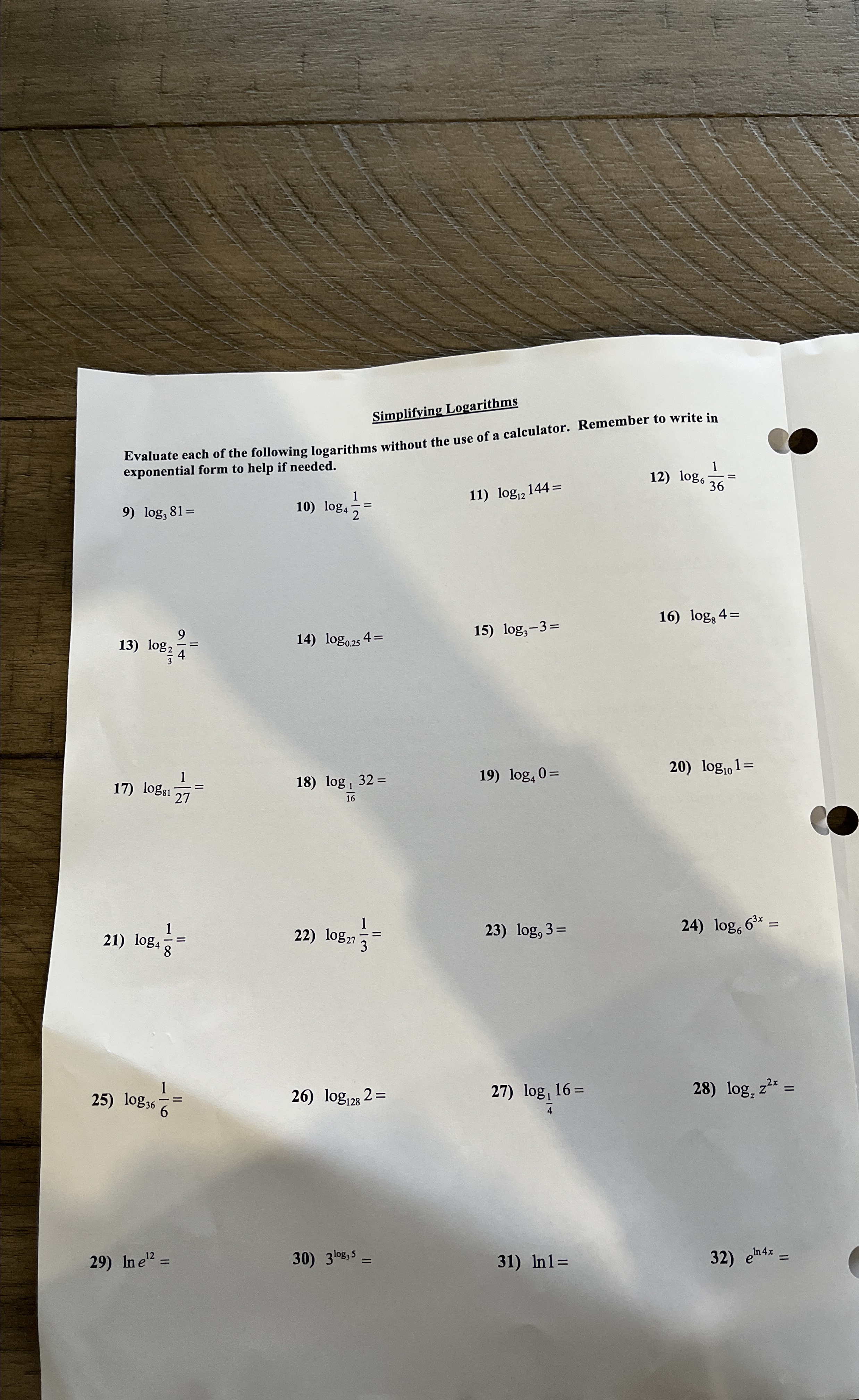 Solved Simplifying LogarithmsEvaluate each of the following | Chegg.com