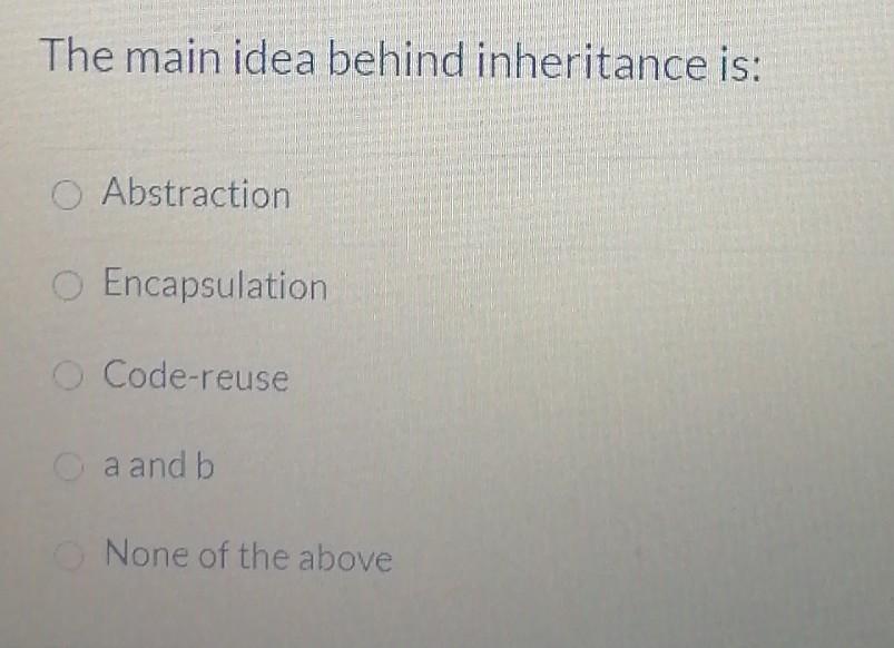 Solved The Main Idea Behind Inheritance Is: O Abstraction | Chegg.com