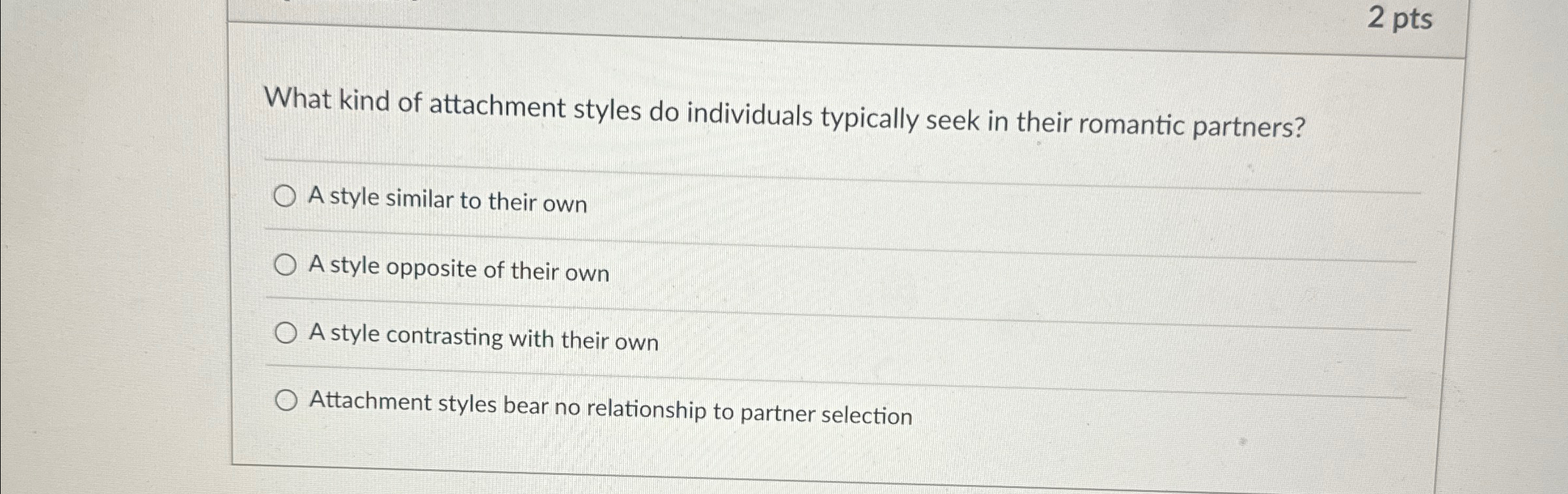 Solved 2 ﻿ptsWhat kind of attachment styles do individuals | Chegg.com